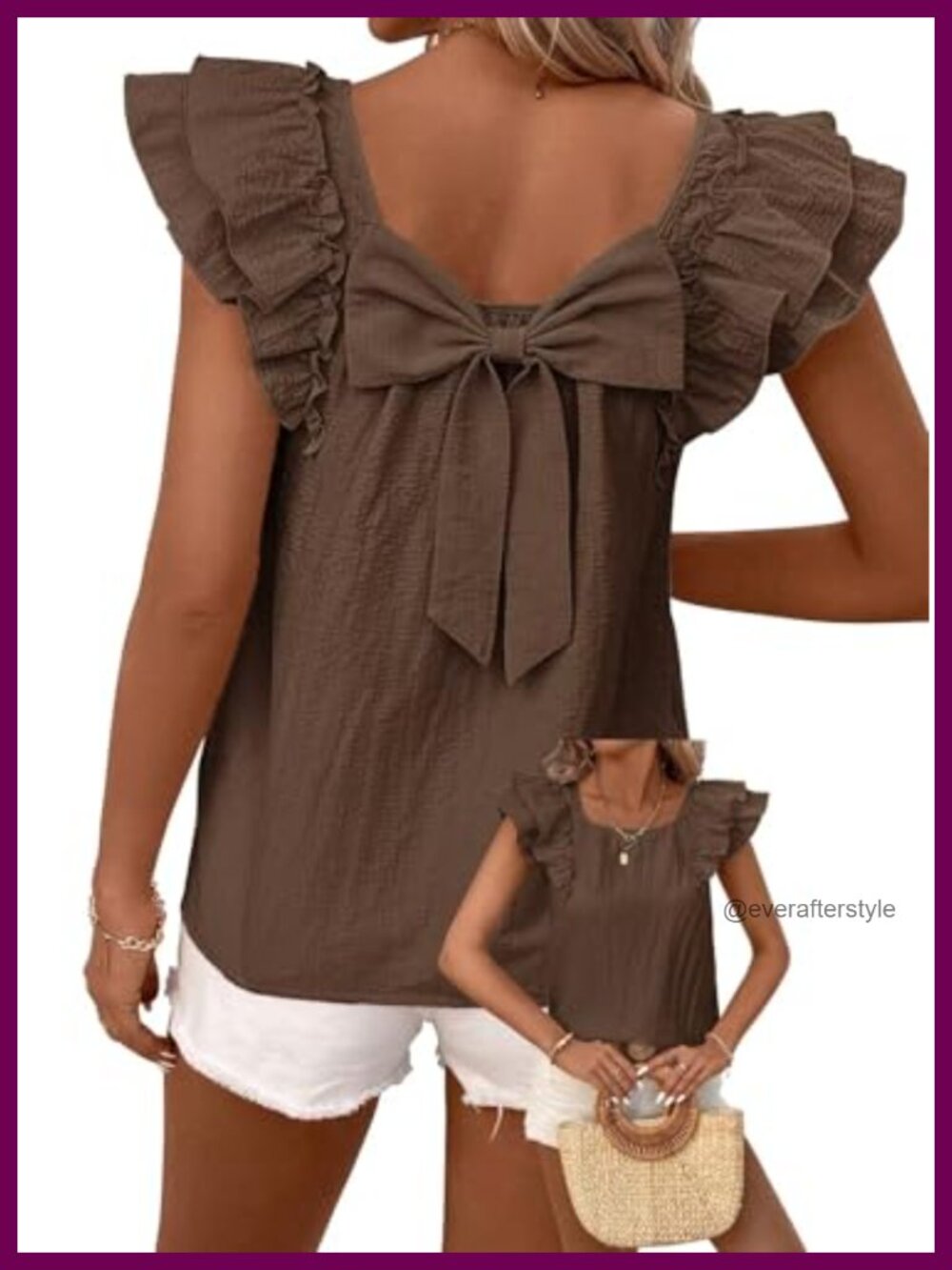 Womens Bow Tie Back Babydoll Top Ruffle Short Sleeve Blouse